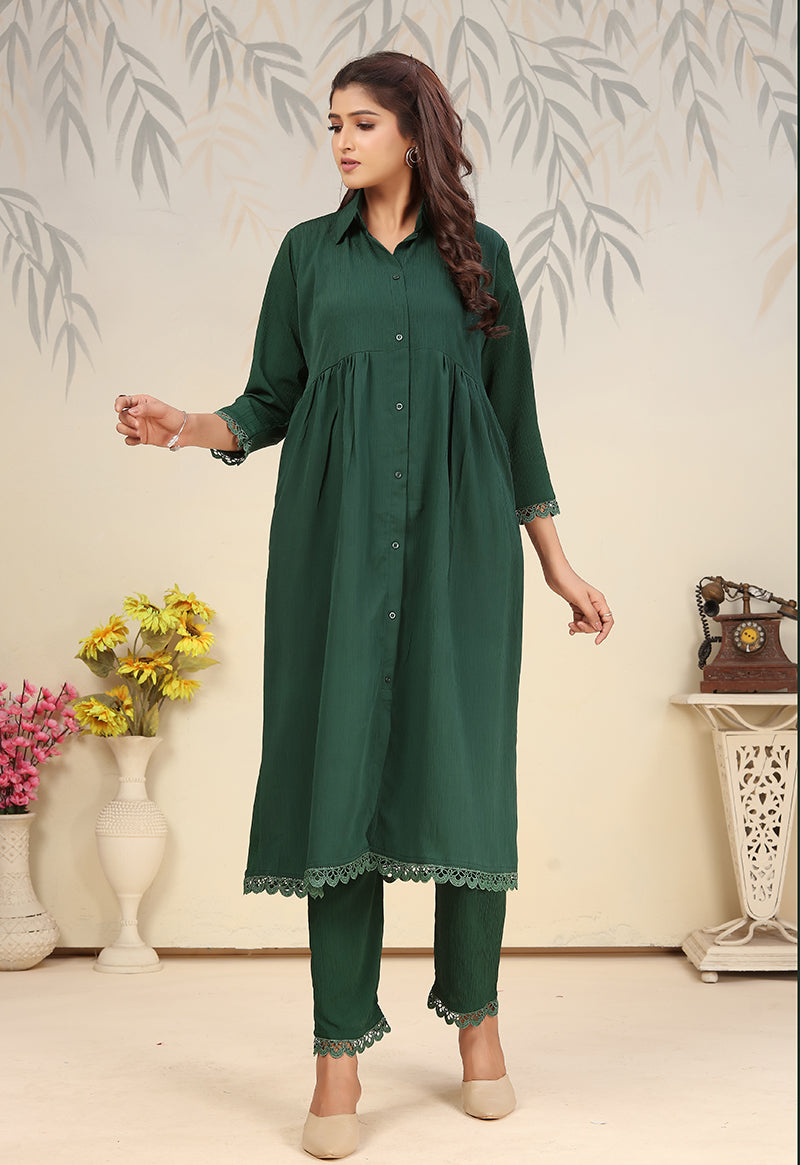 Bottle Green Solid Cotton Co-Ord Set Casual Lounge Wear