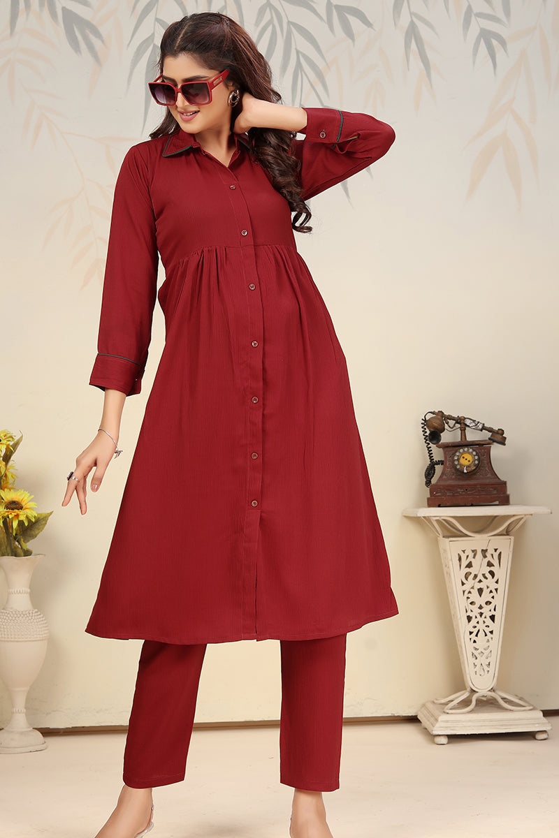 Model wearing a comfortable and stylish maroon solid cotton co-ord set for casual or festival wear.