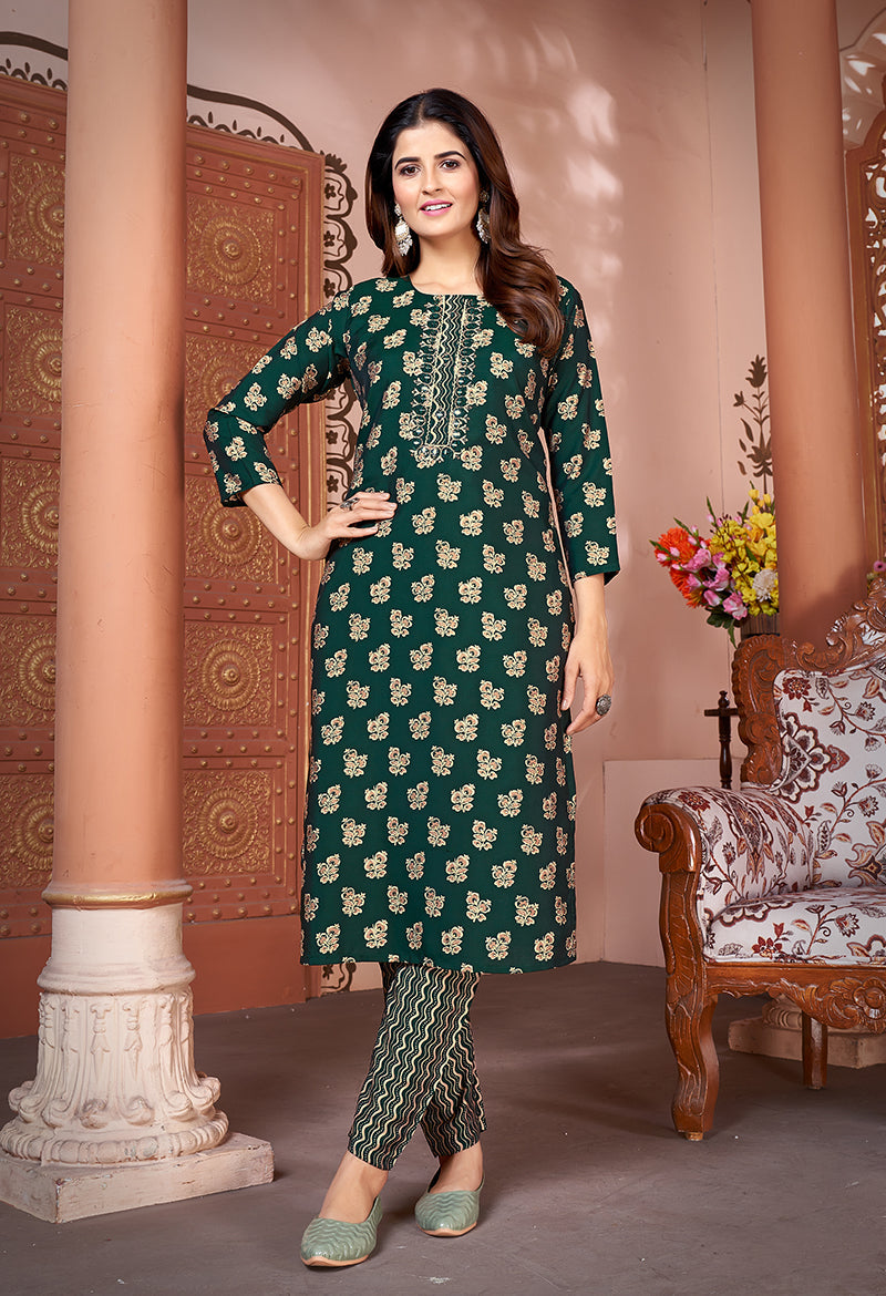 Dark green silk designer kurti with embroidery and mirror work accents