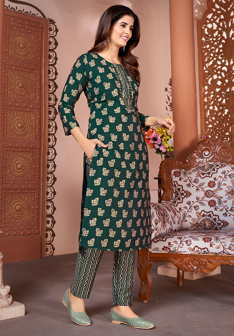 Dark Green Silk Designer Kurti with Embroidery and Mirror Work