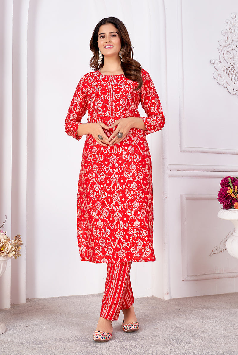 Red silk casual kurti with all-over intricate print design
