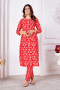 Red silk casual kurti with all-over intricate print design