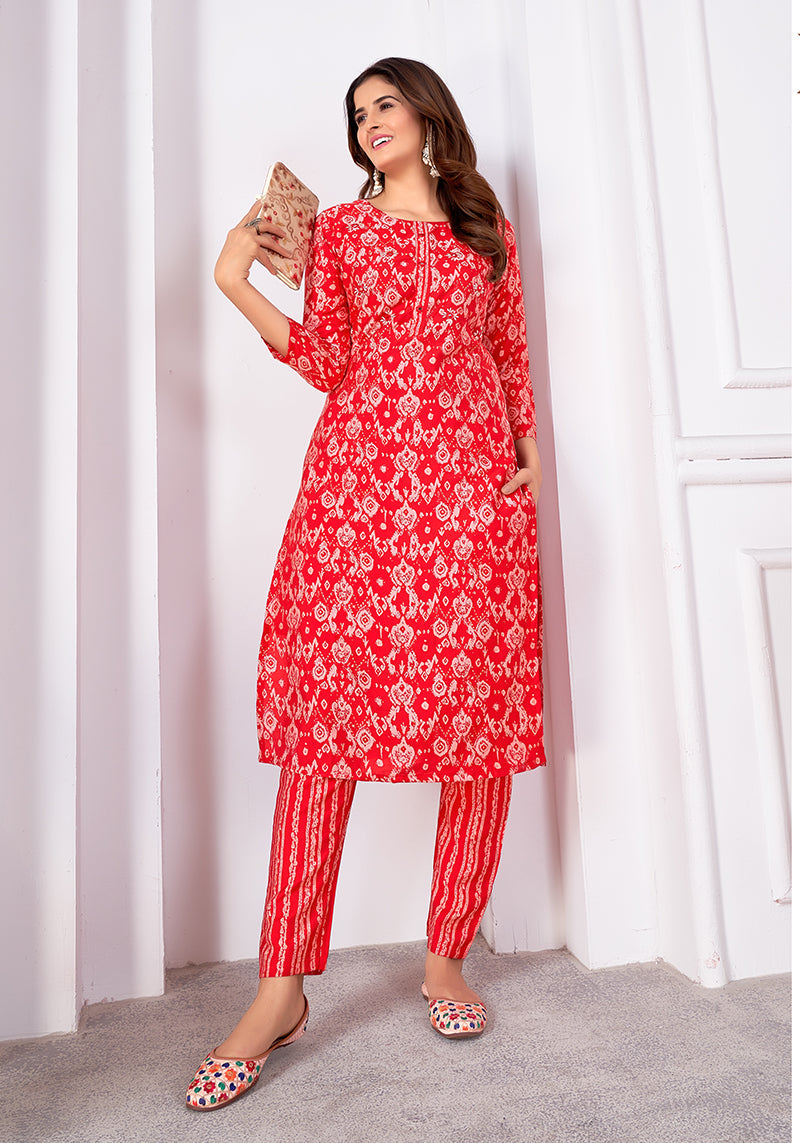 Red Silk Casual Kurti with Intricate Print Work