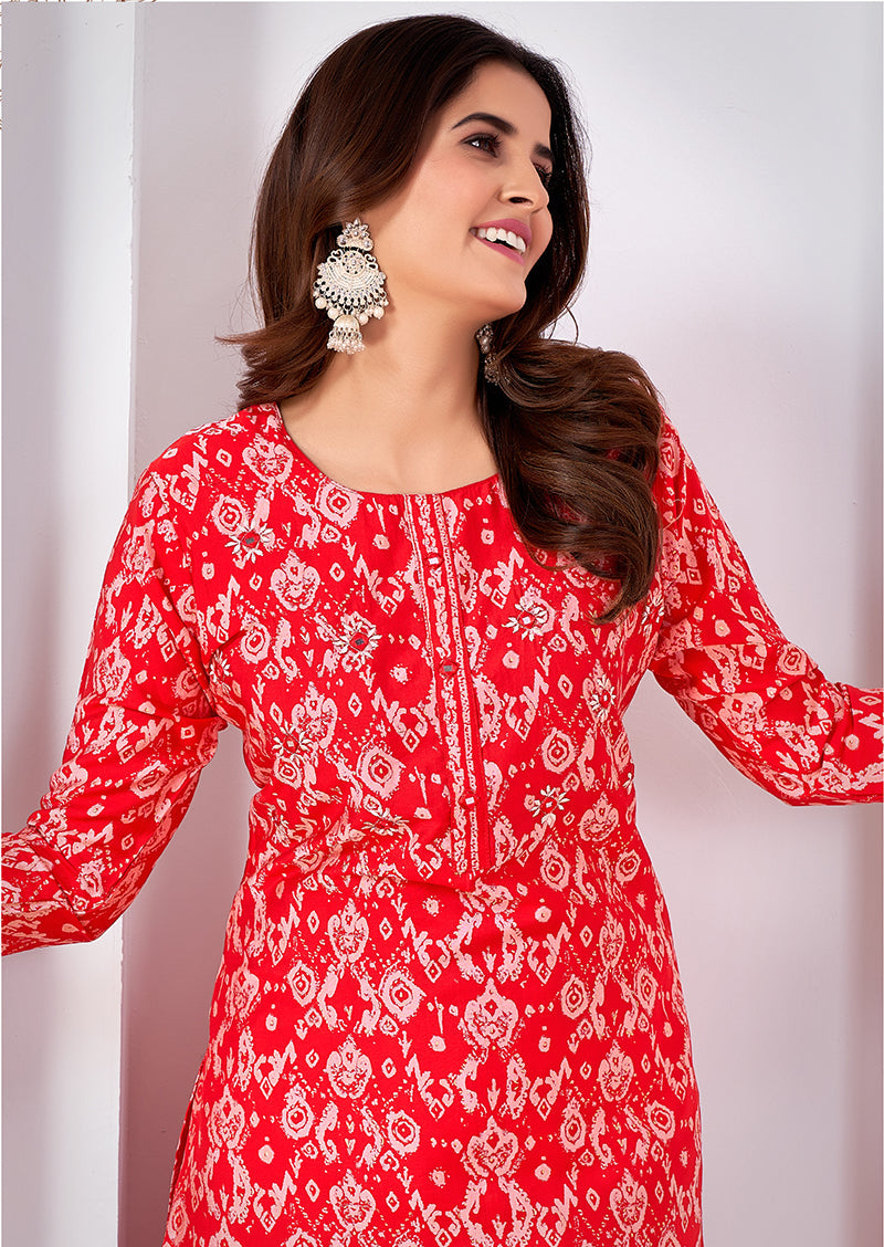 Red Silk Casual Kurti with Intricate Print Work