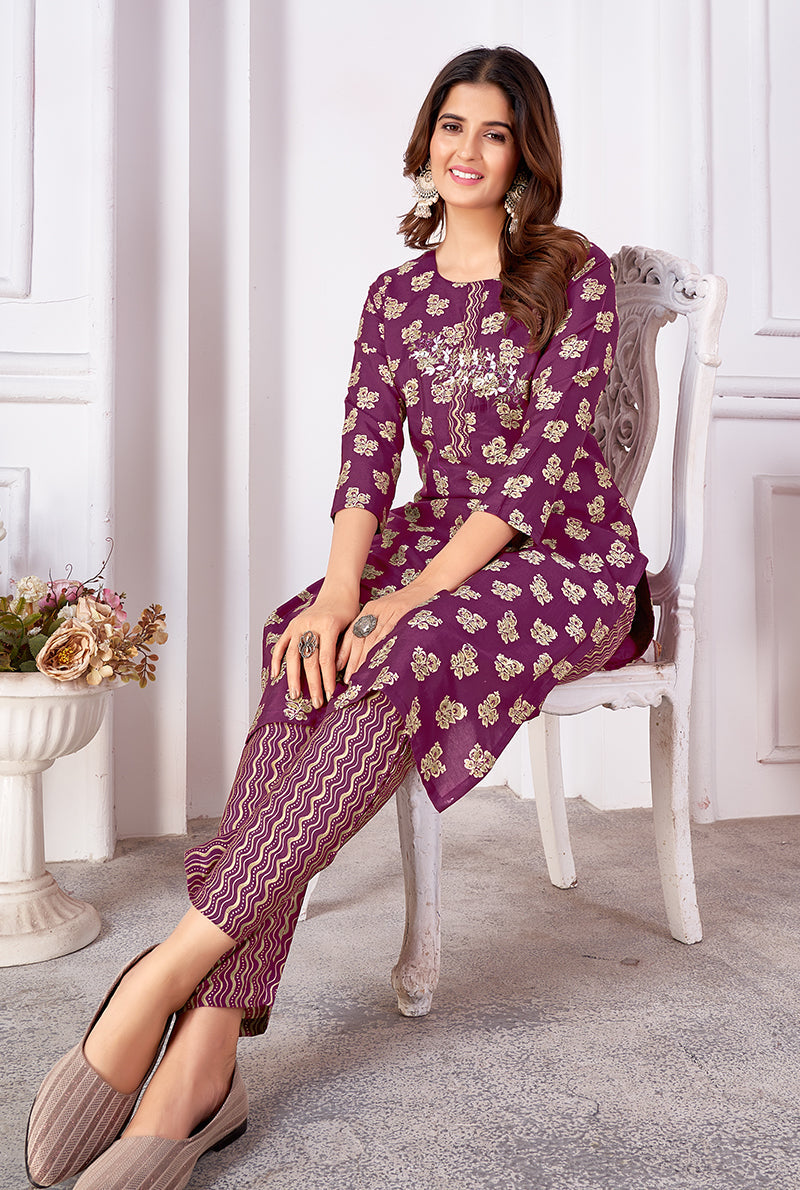 Purple Silk Designer Kurti with Embroidered Mirror Details
