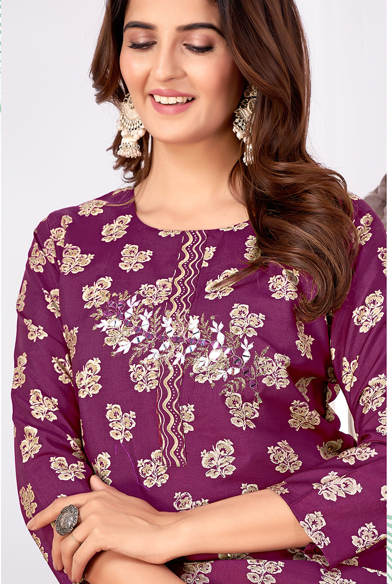 Purple Silk Designer Kurti with Embroidered Mirror Details