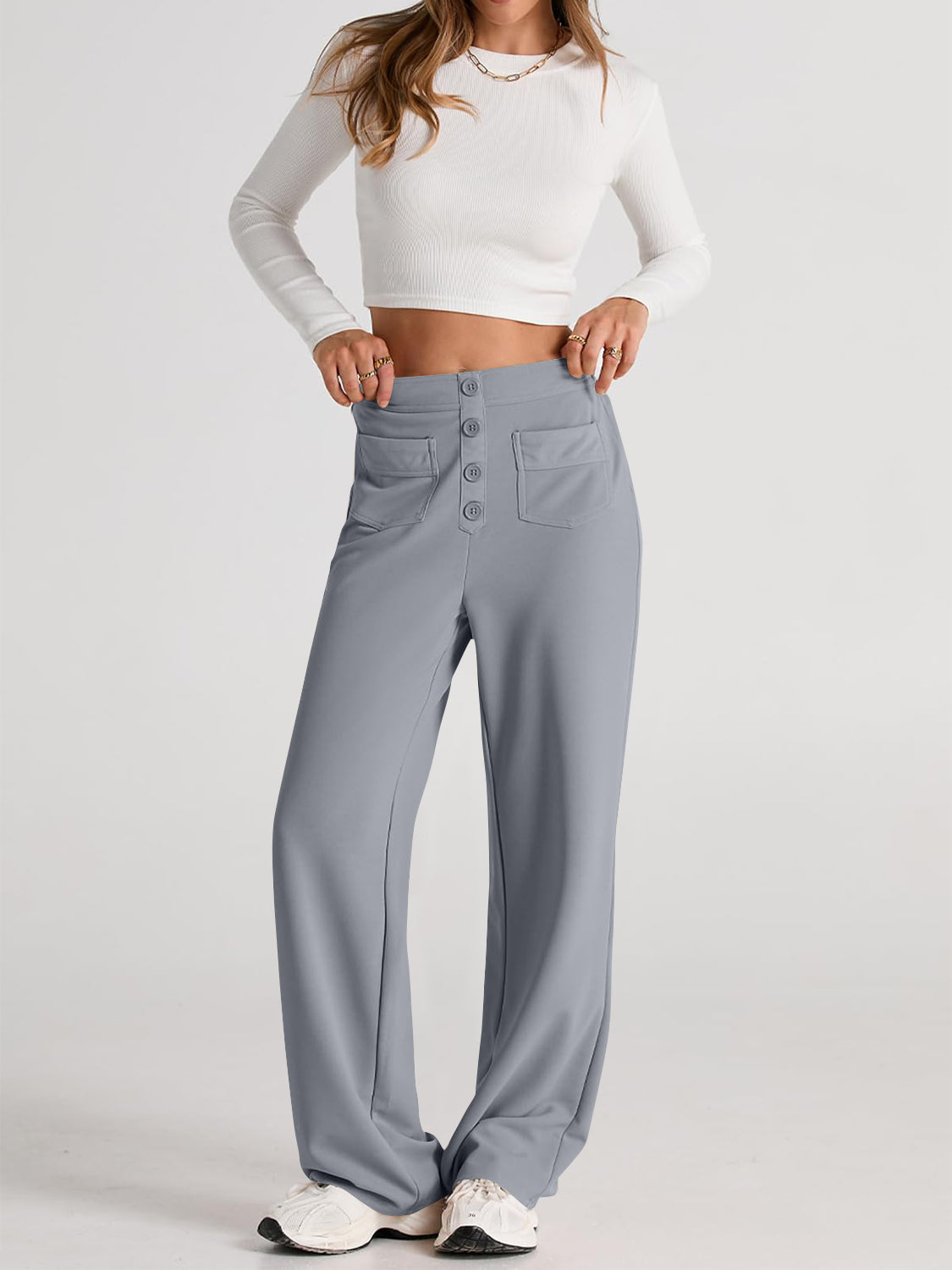 High Waist Wide Leg Pants | Black Polyester Relaxed Fit