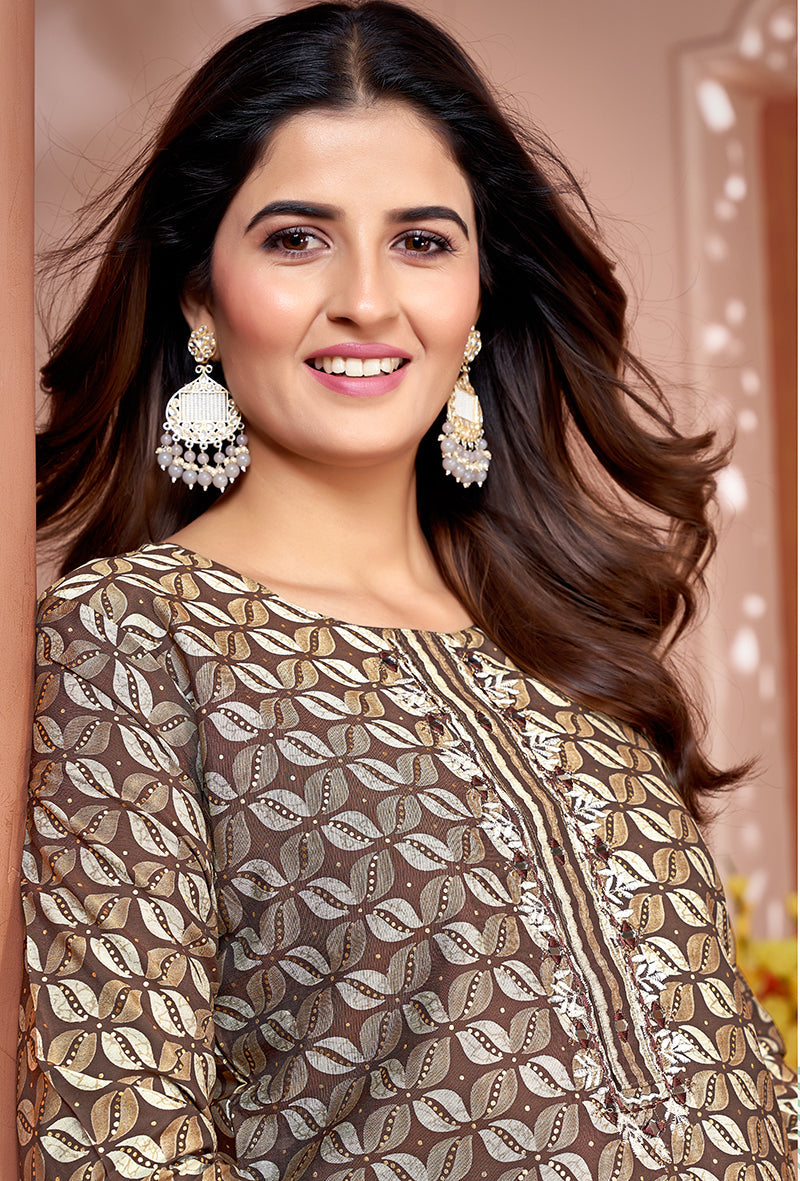 Brown Silk Embroidered Kurti with Mirror Work Designer Top