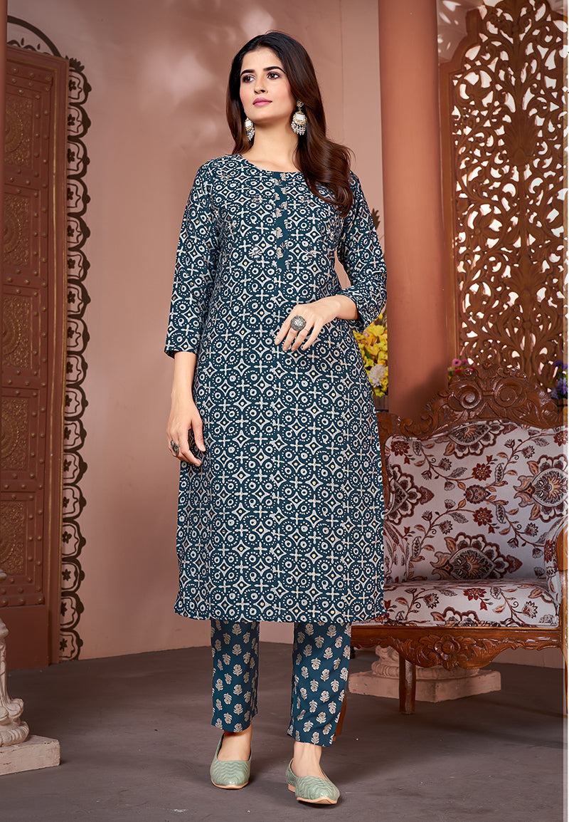 Teal Silk Designer Kurti with Embroidery and Mirror Work