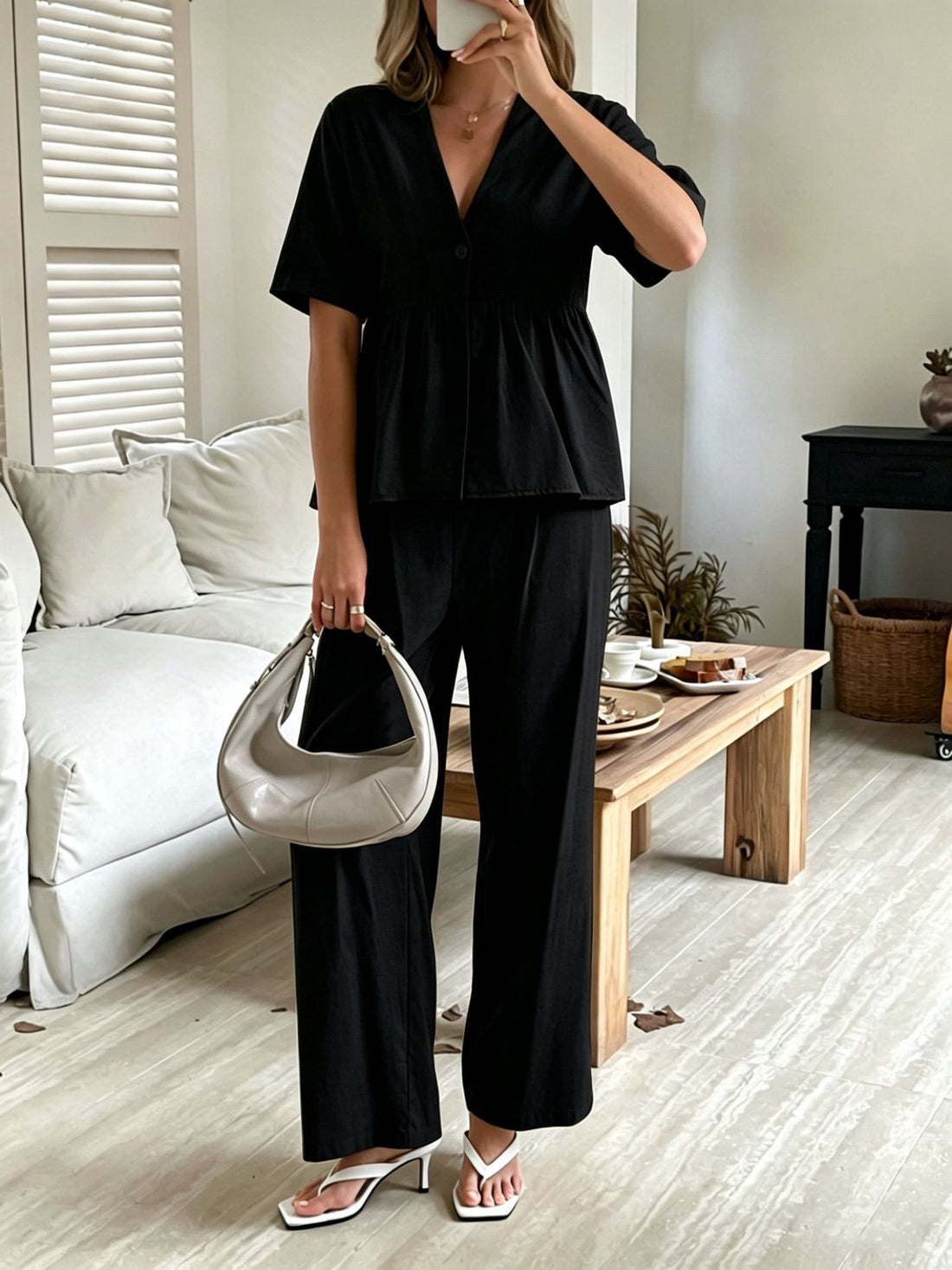 Women's V-Neck Peplum Top and Wide-Leg Pants Two Piece Set - Image 8