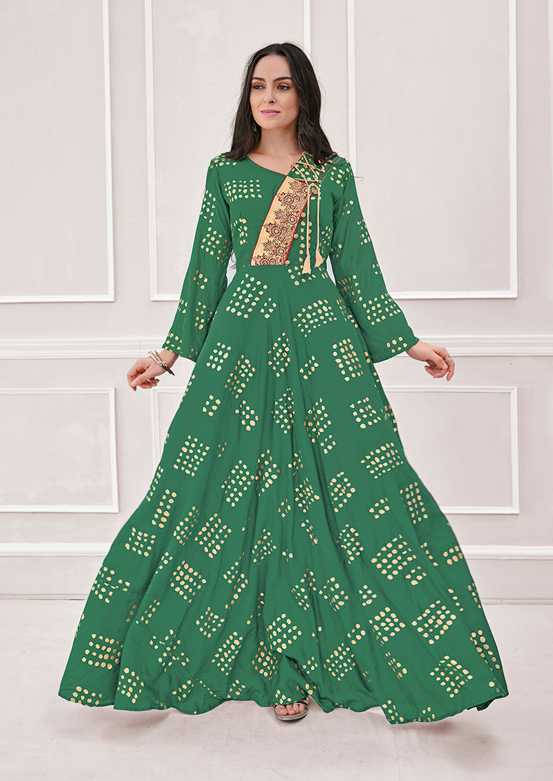 Green Muslin Foil Print Kurti - Stylish Party Wear Ethnic Top