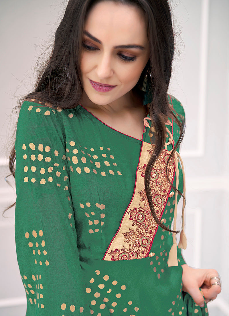 Green Muslin Foil Print Kurti - Stylish Party Wear Ethnic Top