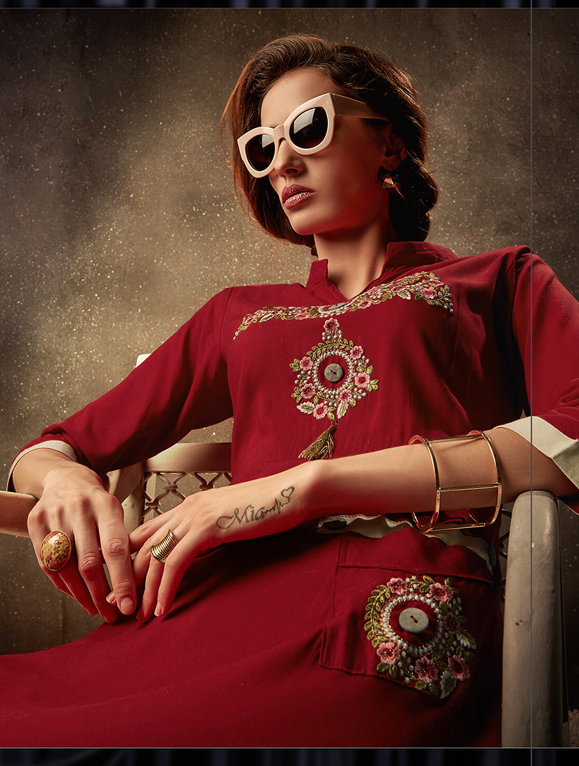 Maroon Rayon Embroidered Party Wear Kurti