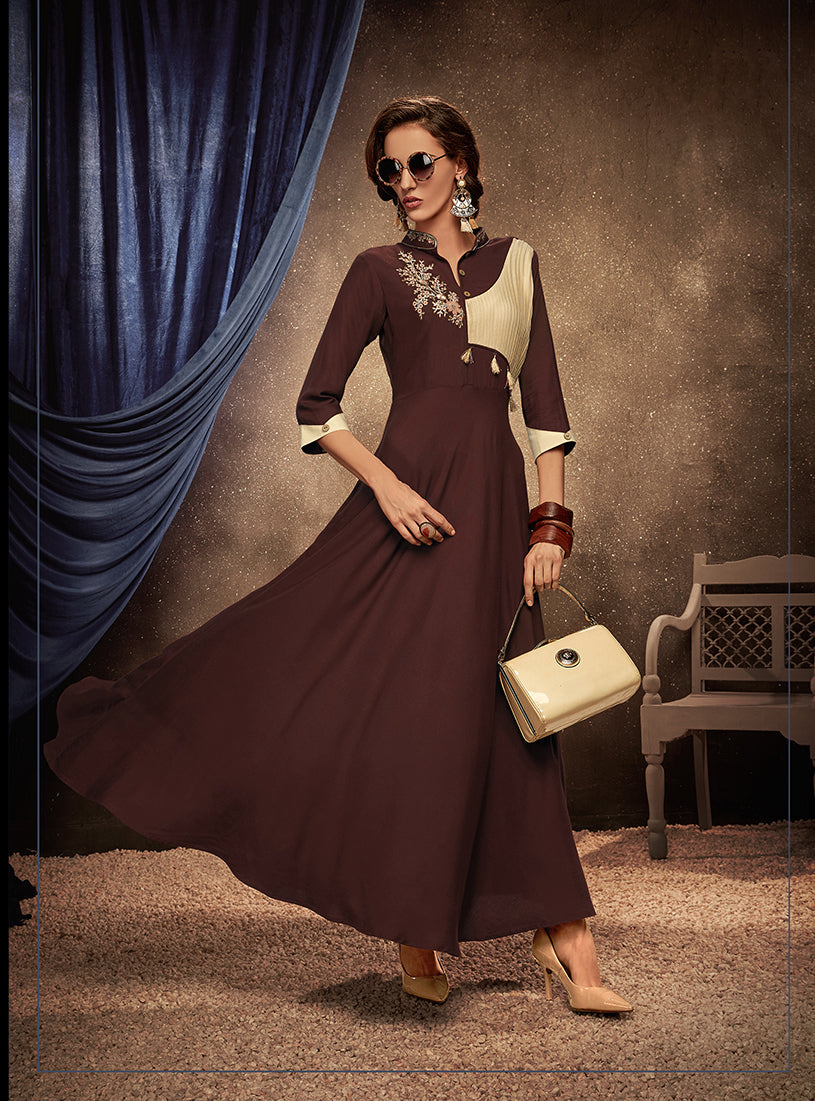 Brown Embroidered Rayon Party Wear Kurti for Women