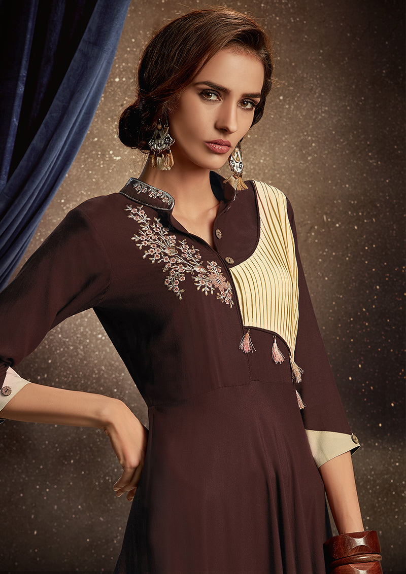 Brown Embroidered Rayon Party Wear Kurti for Women