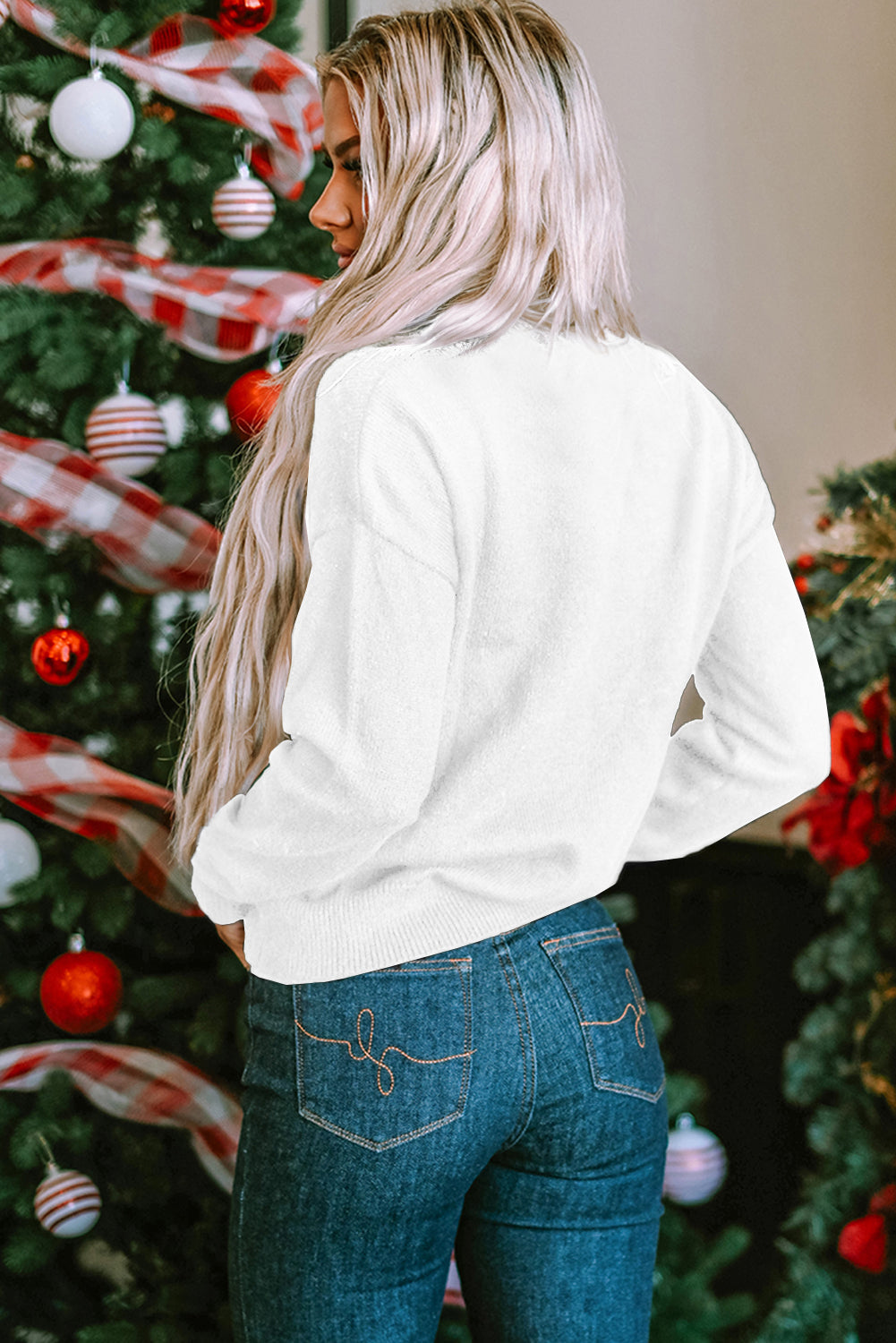 White XOXO Glitter Print Casual Knit Sweater