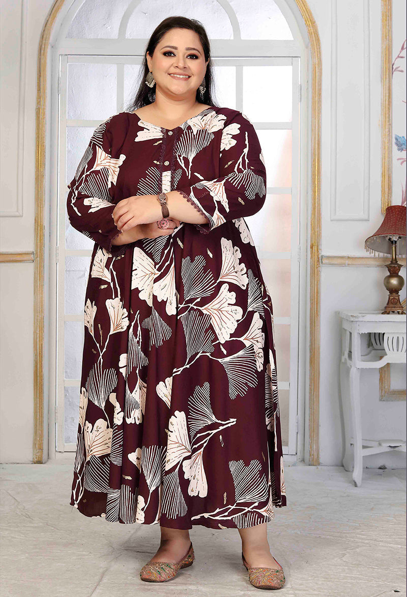 Wine colored rayon kurti with intricate prints