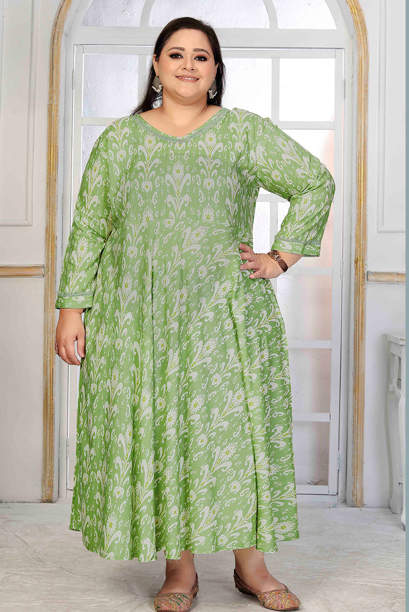 Light green printed designer kurti crafted from soft, breathable rayon