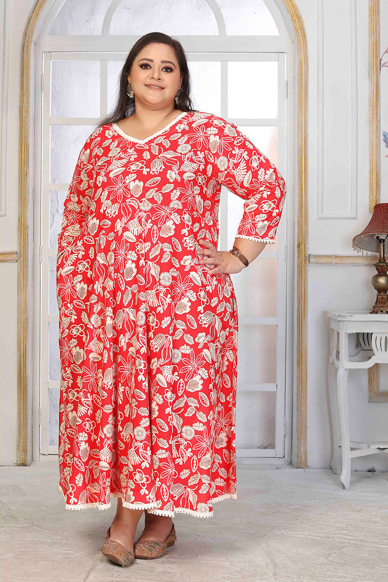 Monjolika Fashion Rayon Printed Red Designer Kurti