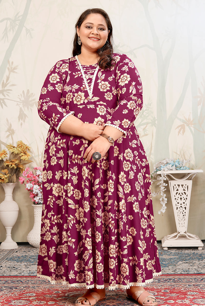 Wine colored rayon designer kurti with buttons and embroidery details