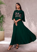 Bottle green rayon designer kurti with ethnic embroidery
