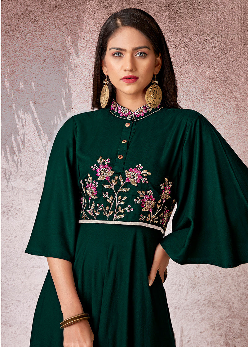 Bottle Green Embroidered Designer Rayon Kurti