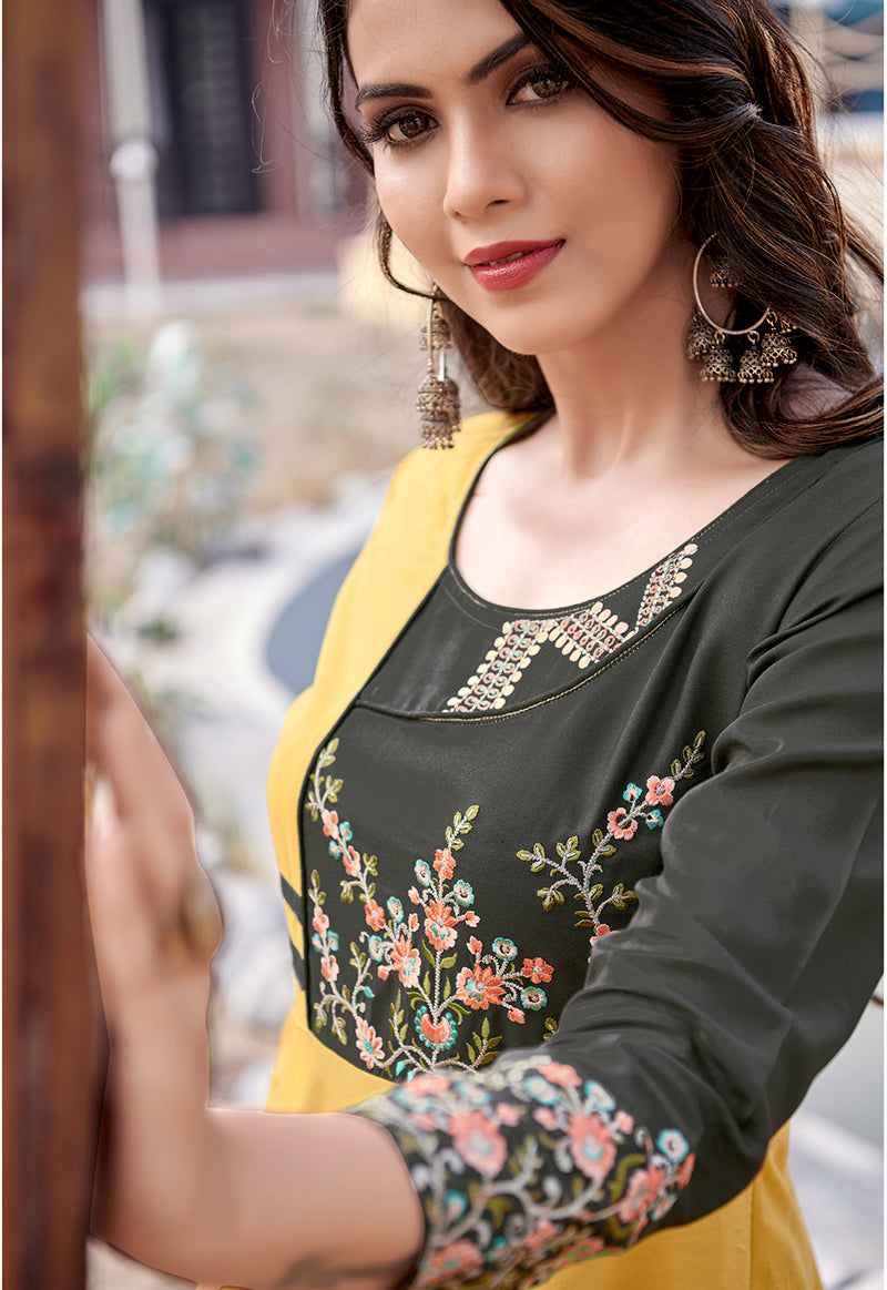 Mustard Rayon Embroidered Designer Kurti for Women