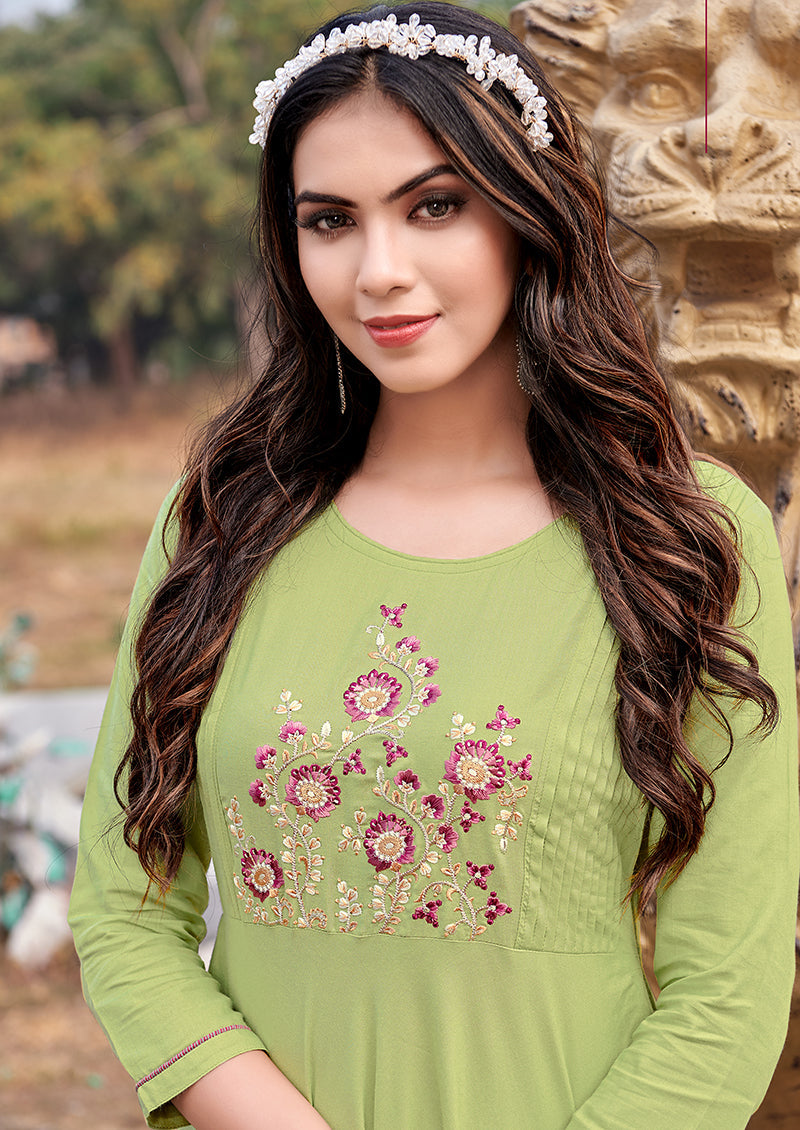 Light Green Rayon Embroidered Designer Kurti