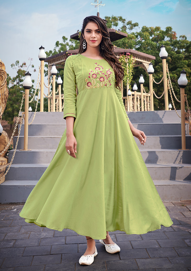 Light green rayon designer kurti with delicate ethnic embroidery