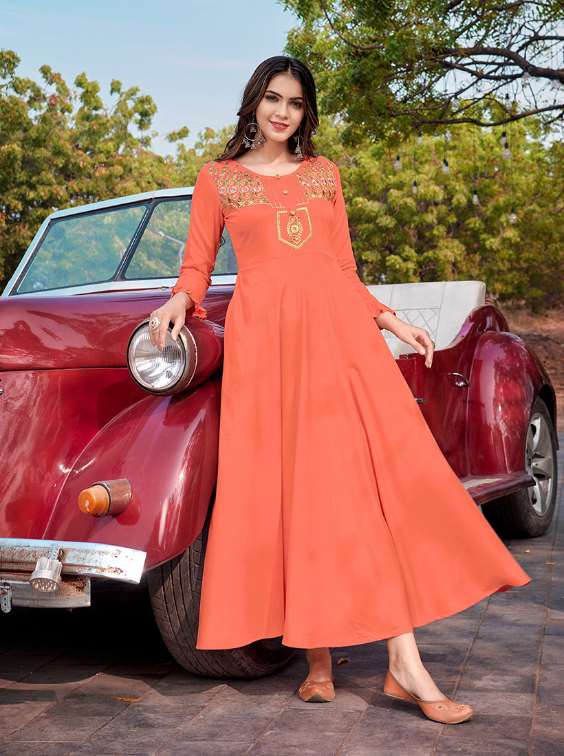 Peach Rayon Embroidered Designer Kurti for Women