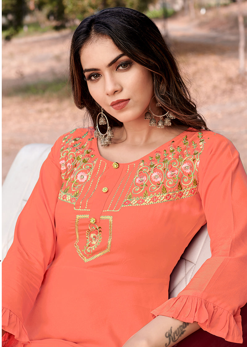 Peach Rayon Embroidered Designer Kurti for Women