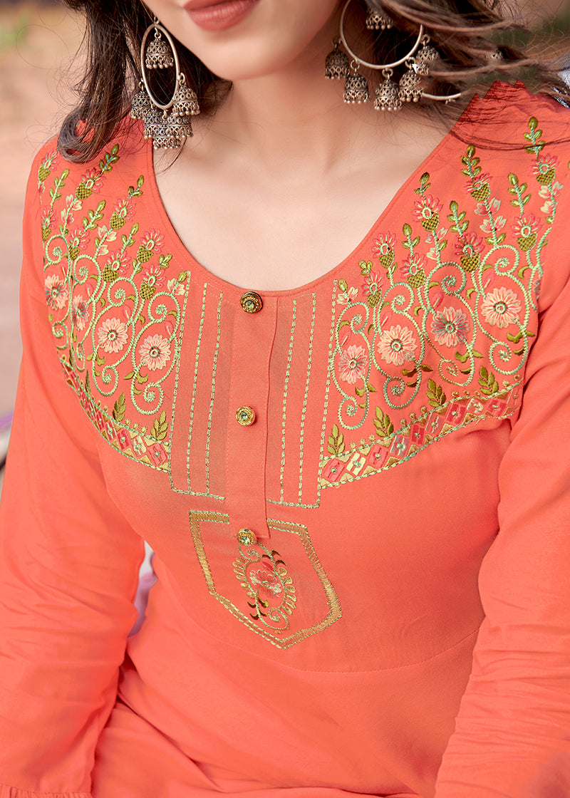 Peach Rayon Embroidered Designer Kurti for Women