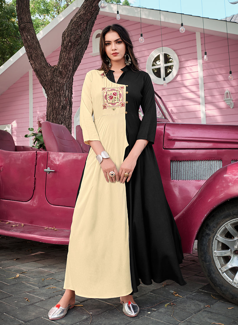 Cream & Black Rayon Embroidered Kurti with Ethnic Designer Detail