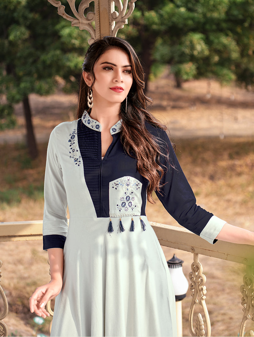 Monjolika Fashion Light Grey Rayon Embroidered Designer Kurti