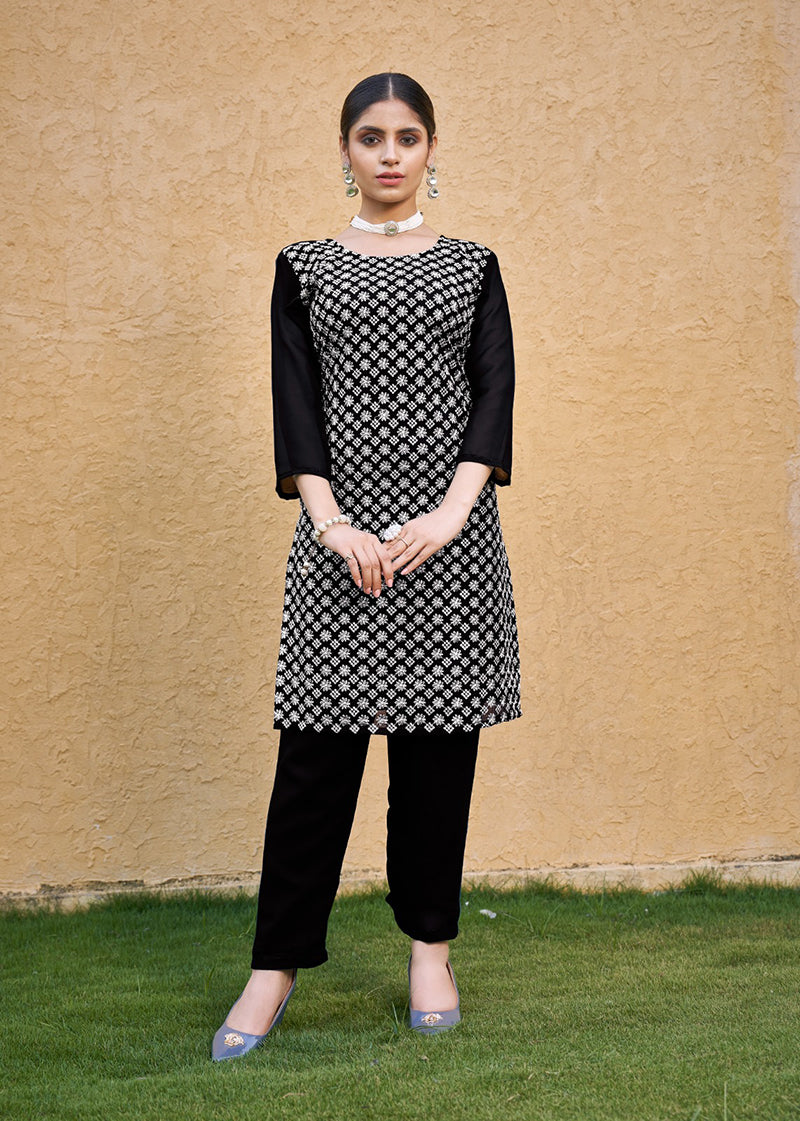 Monjolika Fashion Embroidered Georgette Straight Kurta Set In Black