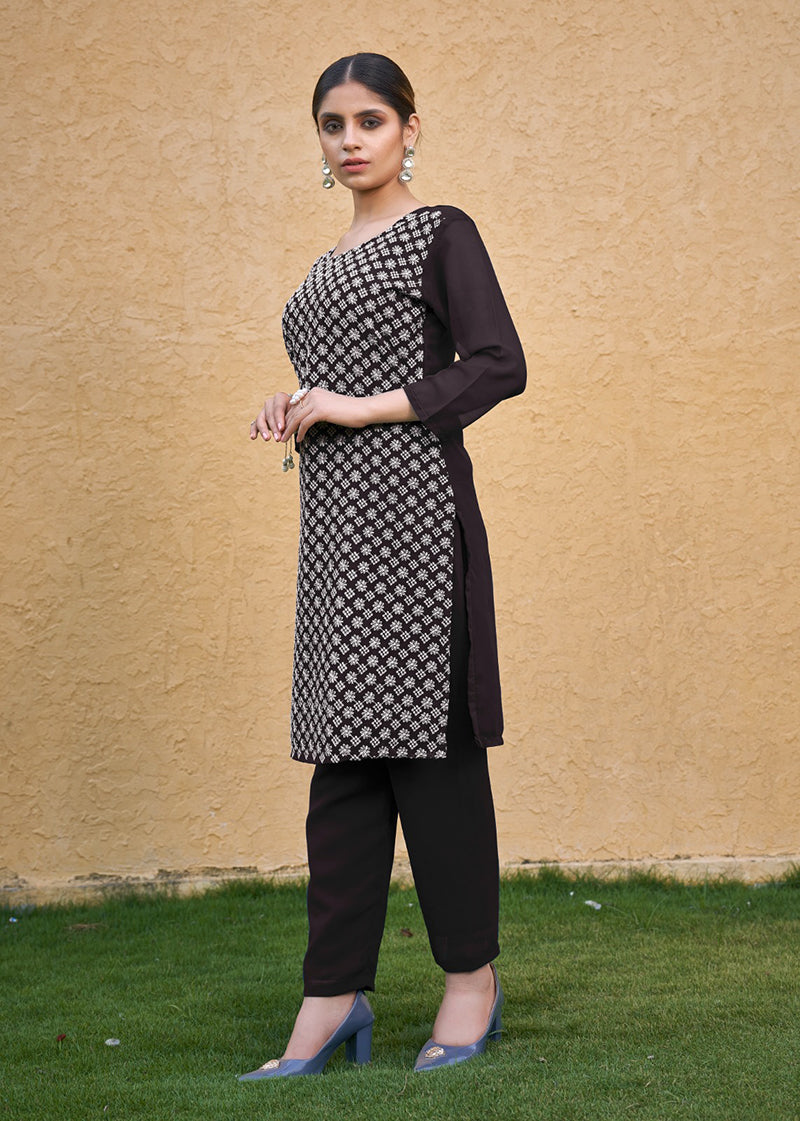 Embroidered Georgette Straight Kurta Set in Coffee - Elegant Ethnic