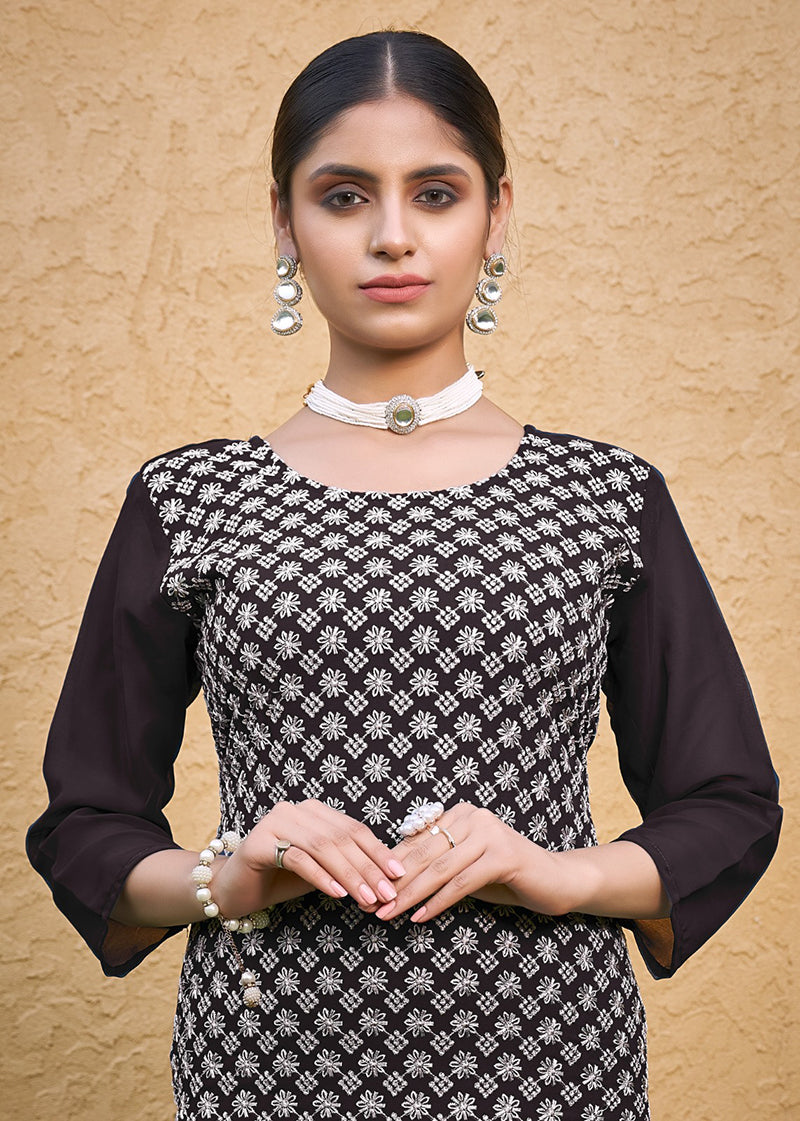 Embroidered Georgette Straight Kurta Set in Coffee - Elegant Ethnic