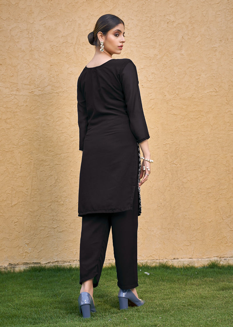 Embroidered Georgette Straight Kurta Set in Coffee - Elegant Ethnic