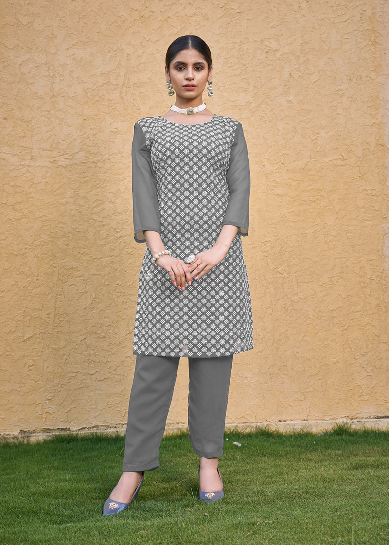Monjolika Fashion Embroidered Georgette Straight Kurta Set In Grey