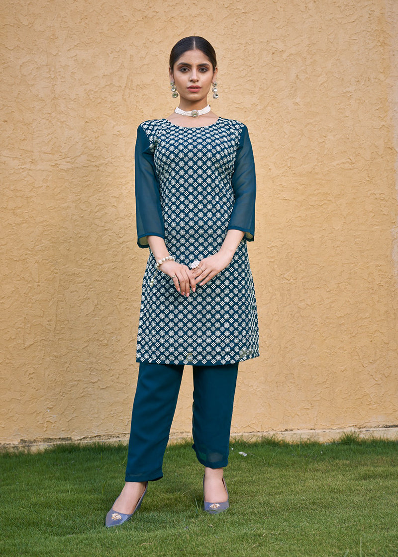 Teal blue faux georgette straight kurta set with intricate thread embroidery