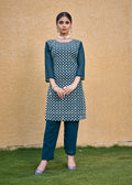 Teal blue faux georgette straight kurta set with intricate thread embroidery