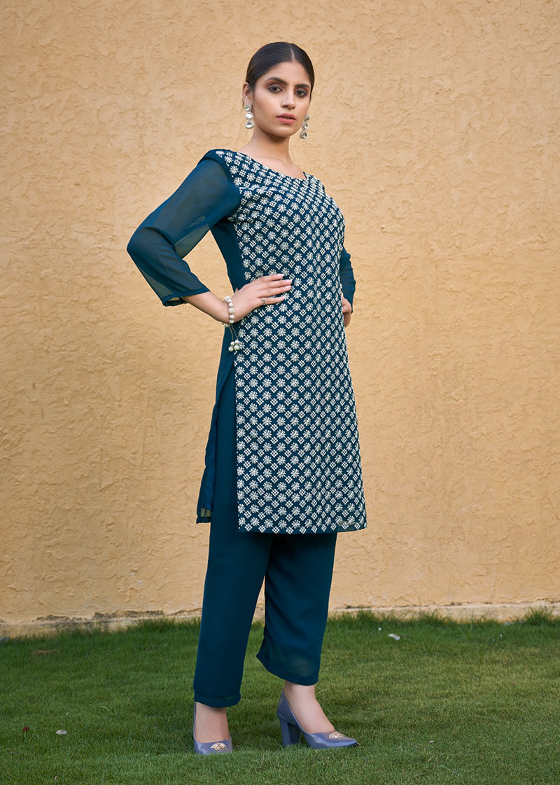 Teal Blue Embroidered Georgette Straight Kurta Set