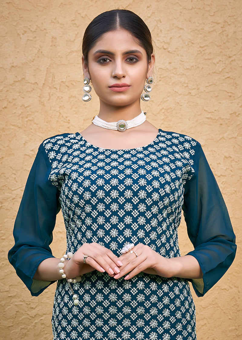 Teal Blue Embroidered Georgette Straight Kurta Set