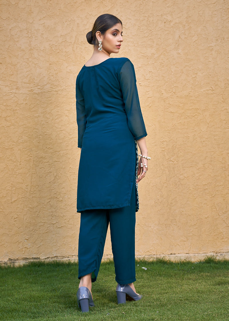 Teal Blue Embroidered Georgette Straight Kurta Set