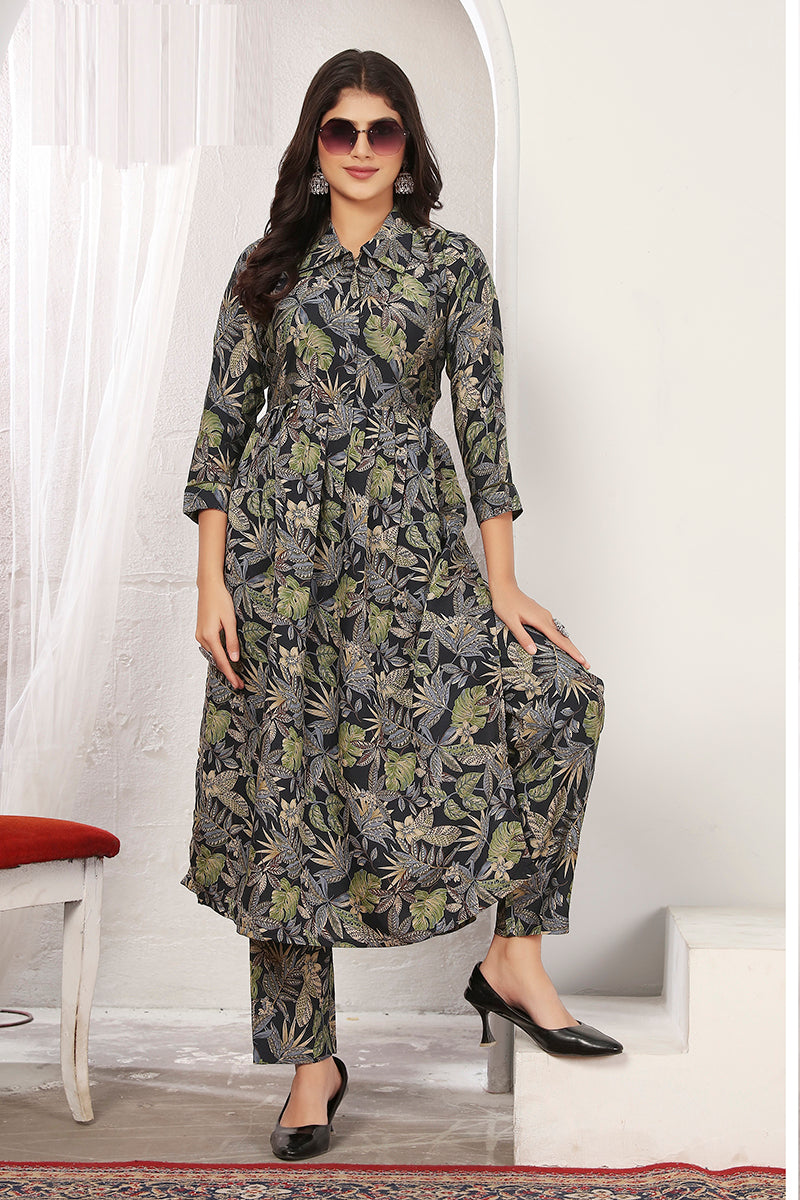 Black rayon kurti featuring floral print and detailed embroidery