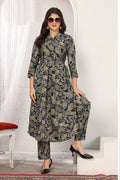 Black rayon kurti featuring floral print and detailed embroidery