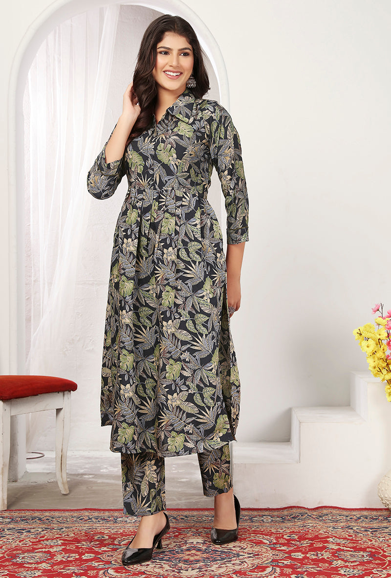 Black Rayon Floral Print Casual Kurti with Embroidery Detail