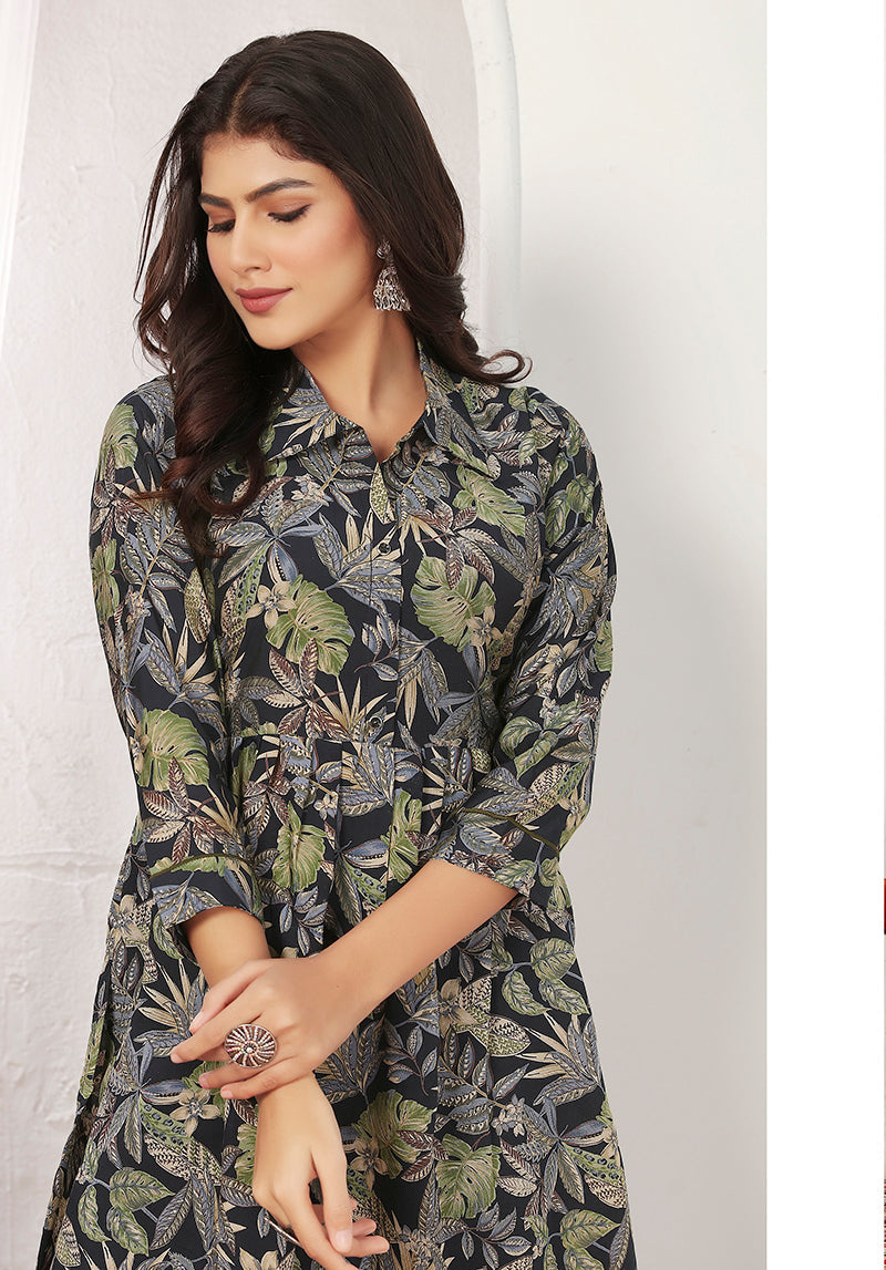 Black Rayon Floral Print Casual Kurti with Embroidery Detail