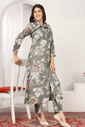 Grey rayon floral print casual kurti with embroidery detail