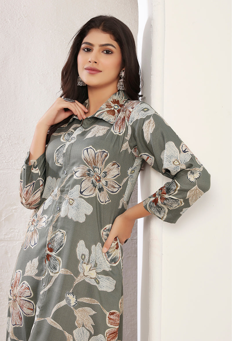 Grey Rayon Floral Print Casual Kurti with Embroidery